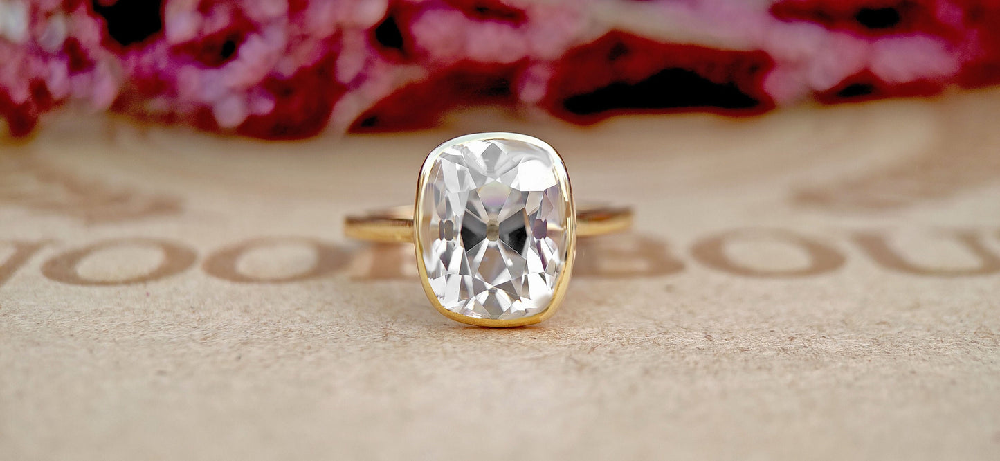 Old Mine Cut OMC Elongated Cushion Cut Moissanite invisible bezel Cathedral set Engagement Ring, Antique Bezel Set Ring, Proposal ring.