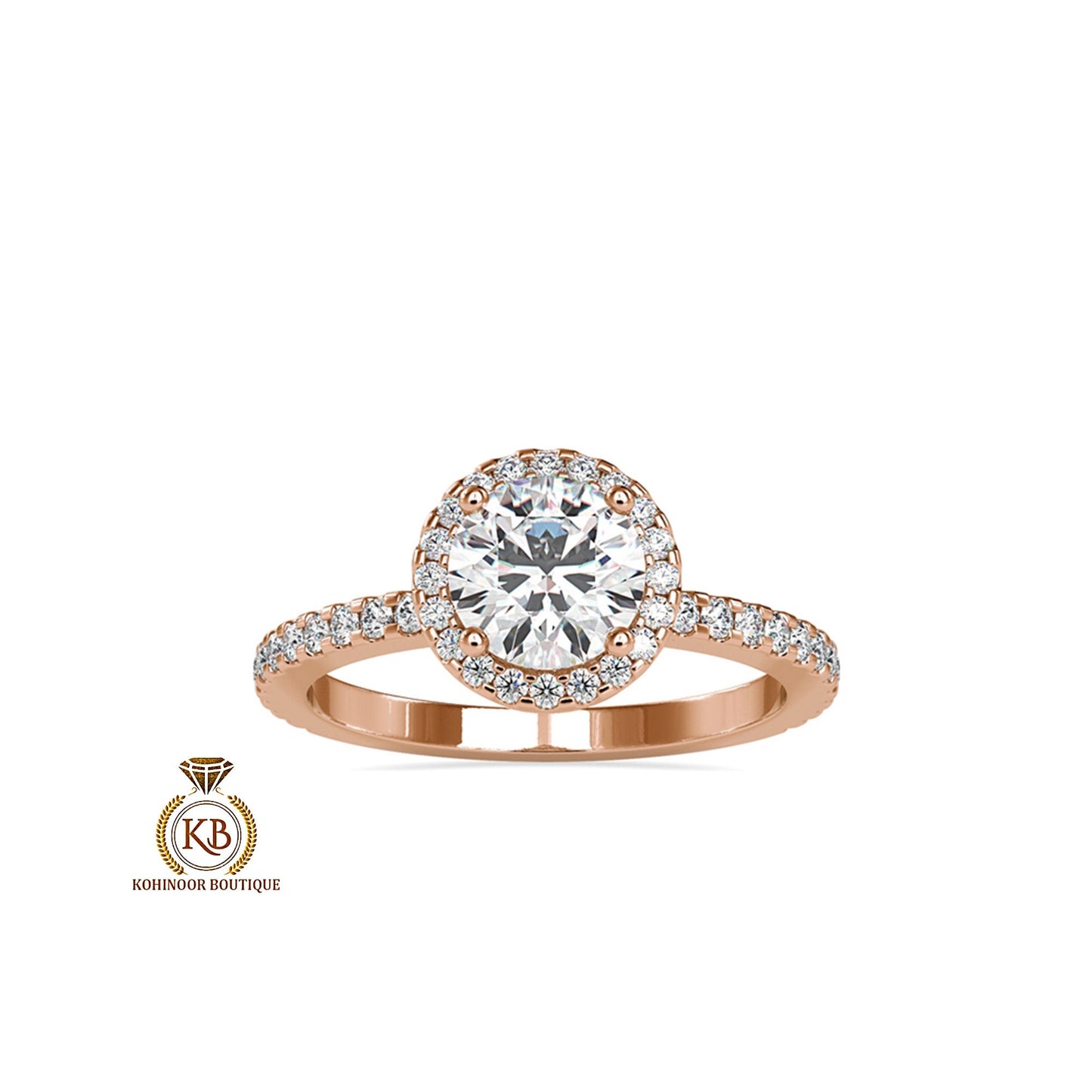 Round Cut Moissanite Double Halo with Under Halo, side U cut pave band with pave basket Engagement ring.