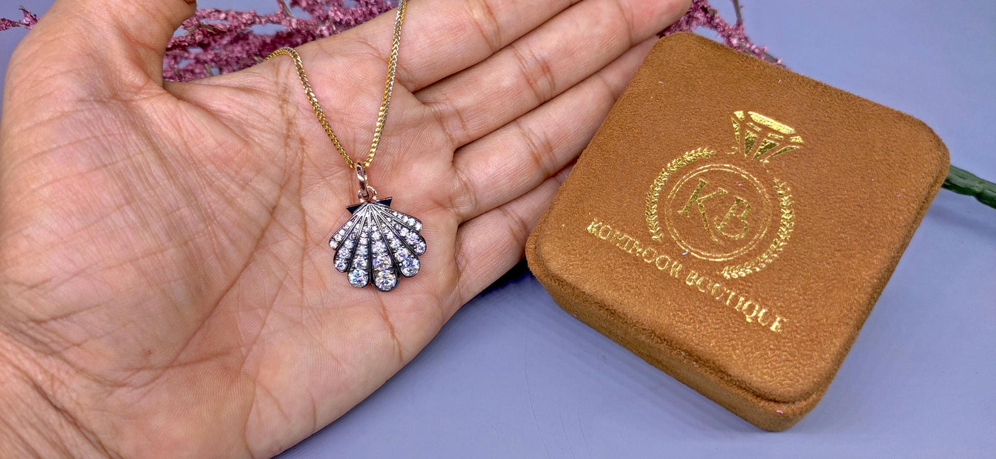 Sea shell charm Moissanite blackened gold Georgian Pendant without chain, Circa Vintage Pendant.