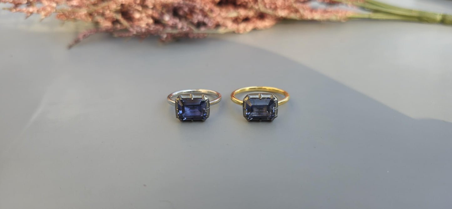 East West  set Corn flower Blue sapphire emerald Cut Georgian cut down button back solitaire engagement ring, ring for her, ring for women