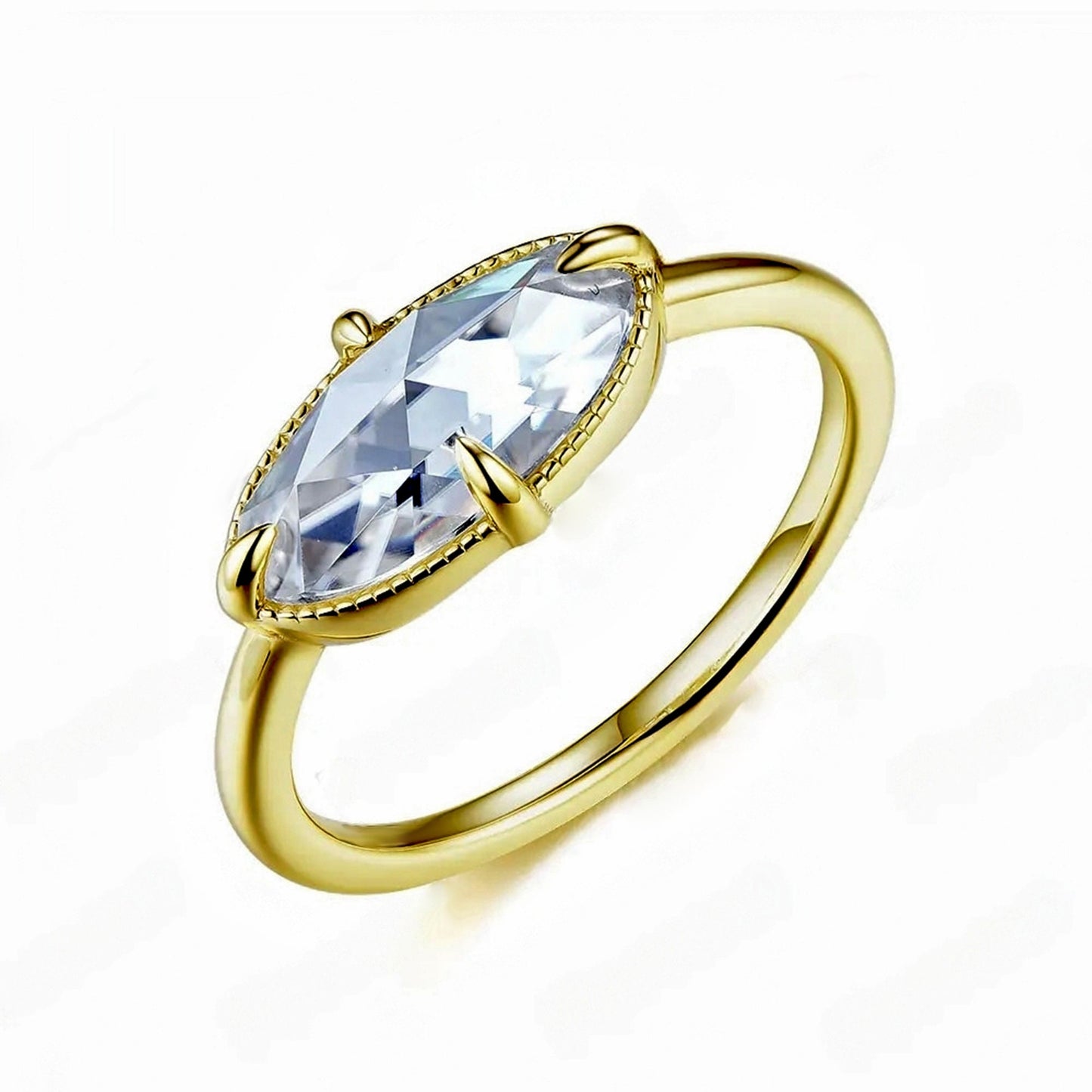 Rose cut Oval\Moval cut East West Set Moissanite Solitaire Engagement Ring, Promise\Proposal Ring with 18k\14k\10k White\Yellow\Rose Gold