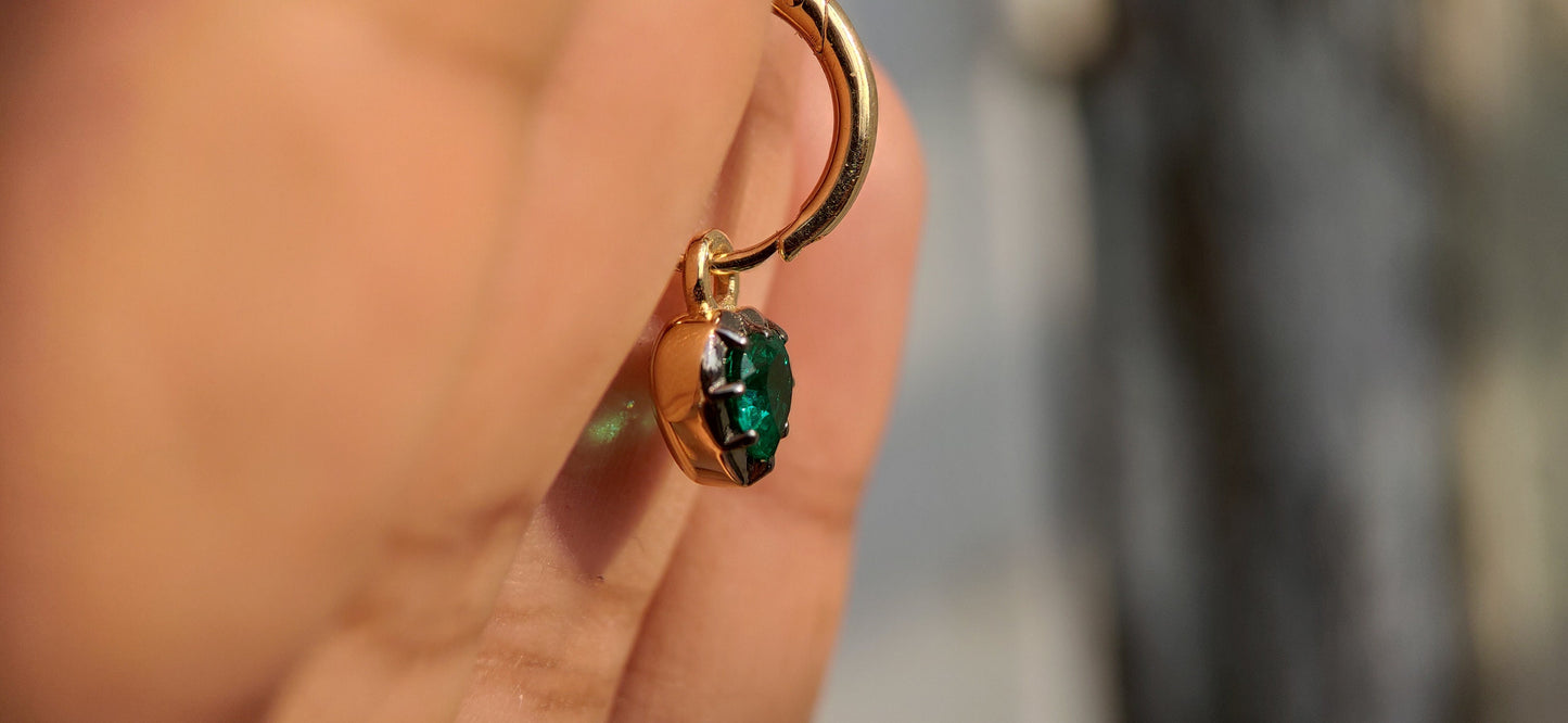 Heart Shaped Emerald button back Georgian cut down Gypset, Emerald Hoops, statement earring, blackened gold earrings.
