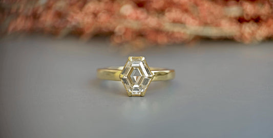 One of a kind Elongated Hexagon shaped Bezel set with Moissanite Solitaire Engagement ring, ring for women, proposal ring