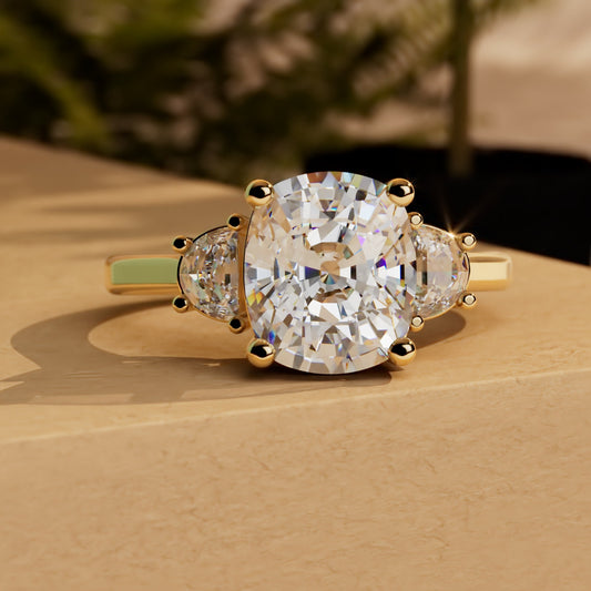 Old mine cut Elongated cushion and Half moon cut 3 stone Moissanite Engagement Ring Wedding anniversary gift for wife