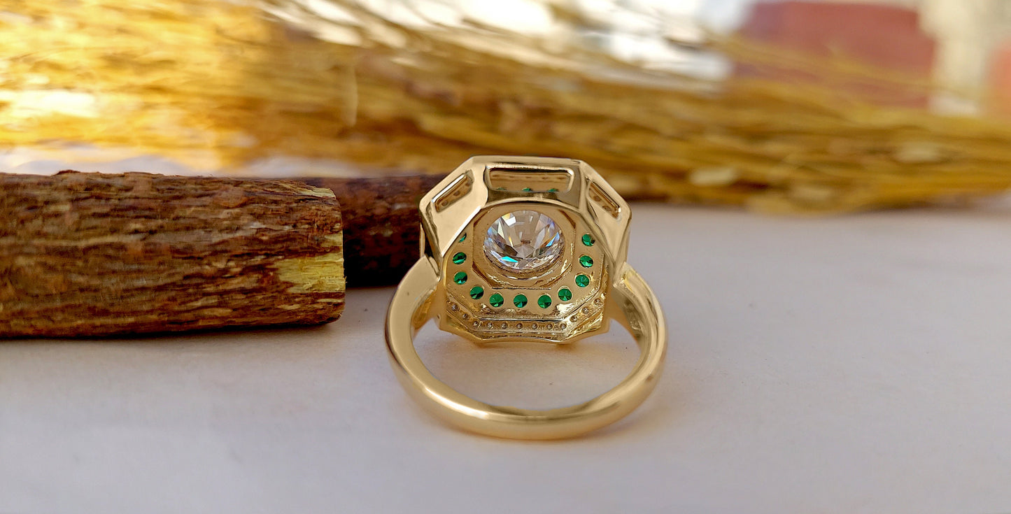Vintage Round Cut Moissanite and Emerald Double Halo Engagement Ring, Proposal Ring, Ring for Mother, Anniversary Gift for wife