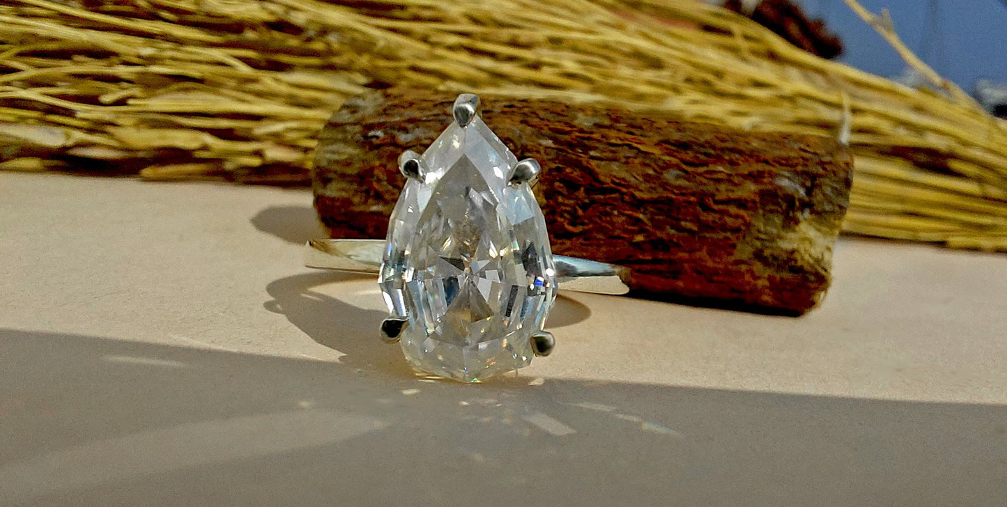 Step Cut Pear Moissanite Solitaire Engagement Ring, Unique moissanite stone, Ring for her, Gift for her, Wedding anniversary gift for wife