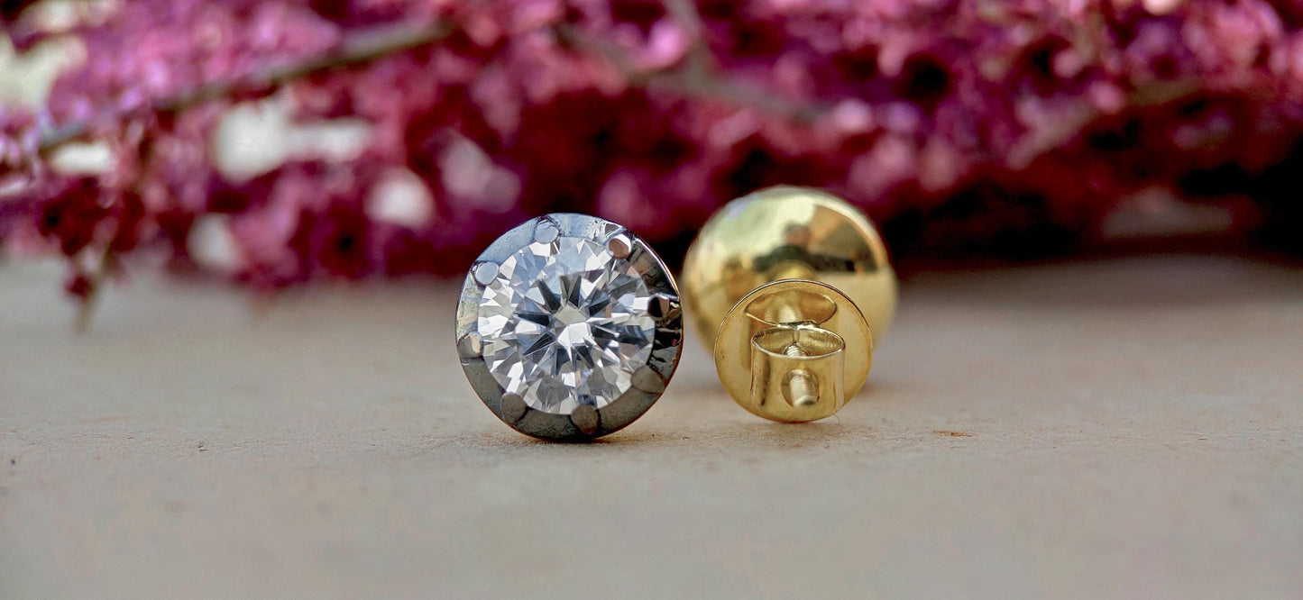 Round Moissanite button back Georgian cut down studs, statement earring, blackened gold earrings, studs earrings for women