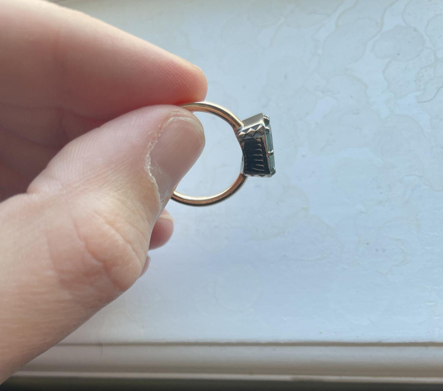 Green Radiant Cut Moissanite East West Georgian Style Bezel Set Solitaire ring, ring for women, Unique ring for her, statement ring