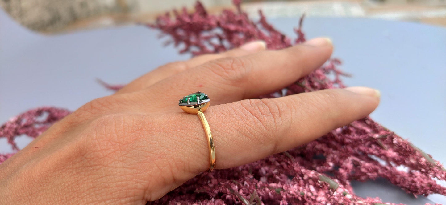 Lab Emerald Heart Cut Georgian cut down button back solitaire engagement ring, ring for her, ring for women, blackened gold stackable ring.