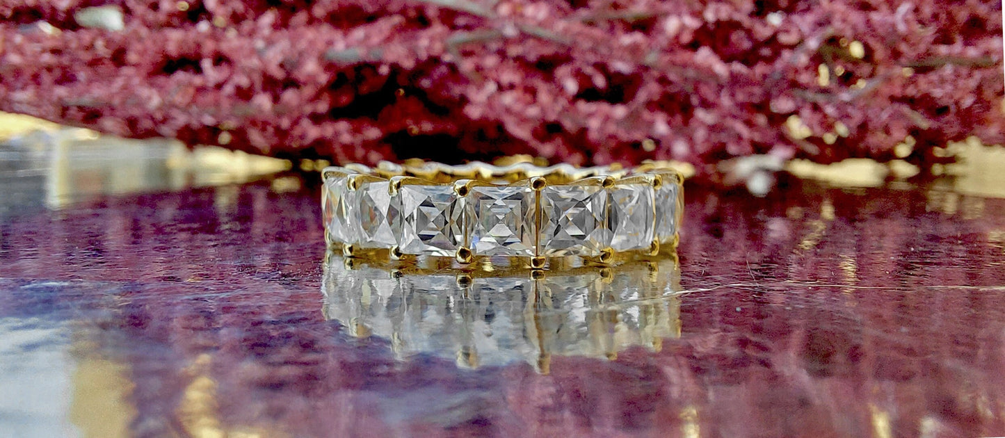 Vintage France\ French cut Moissanite Eternity Ring, wedding band, stackable ring, Princess cut Half\Full eternity band, Anniversary gift