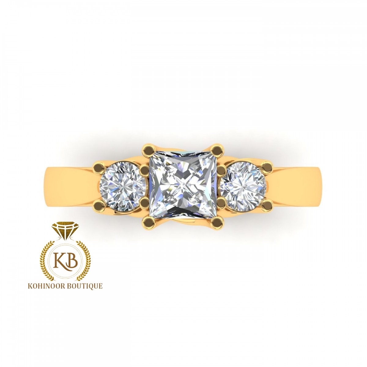 Trellis Set Princess cut and Round Moissanite Trilogy 3 stone engagement ring in 10k\14k\18k White\Rose\Yellow Gold