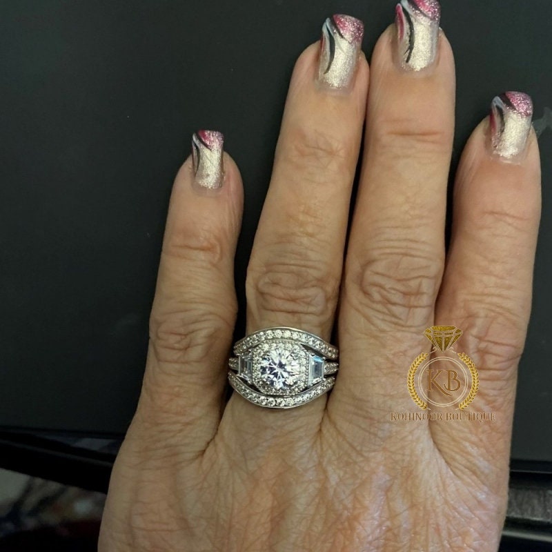 Round & Trapezoid  Halo 3 stone with side pave Moissanite Engagement Ring, rings for women, statement ring.