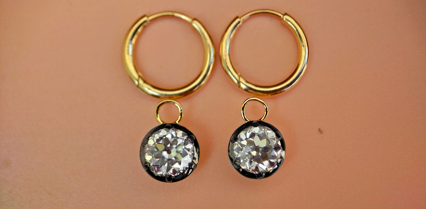 Old European Cut OEC Round Moissanite button back Georgian cut down Gypset, statement earring, blackened gold earrings.