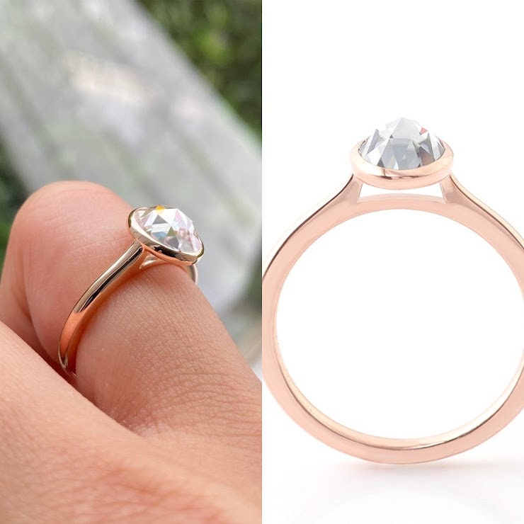 Bezel Set Rose Cut Pear Moissanite Solitaire Engagement ring, Low profile set ring, Gift Ring for her, Vintage cut ring, tear drop ring.