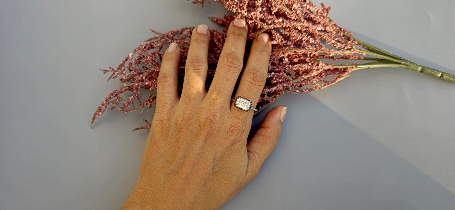 Lab grown East West set Elongated Emerald Cut Georgian cut down button back solitaire engagement ring, ring for her, ring for women