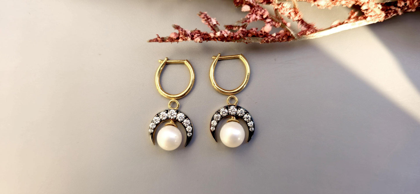 Half moon Moissanite button back Georgian cut down Huggie,2 in 1  statement earring, blackened gold earrings.