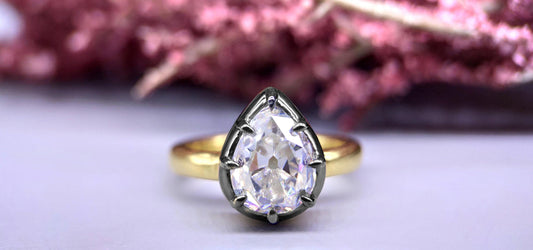Antique Old Mine Cut Pear OMC Moissanite Collet set Ring, Georgian cut down set ring, Gift Ring for her, Edwardian ring, Blackened gold ring
