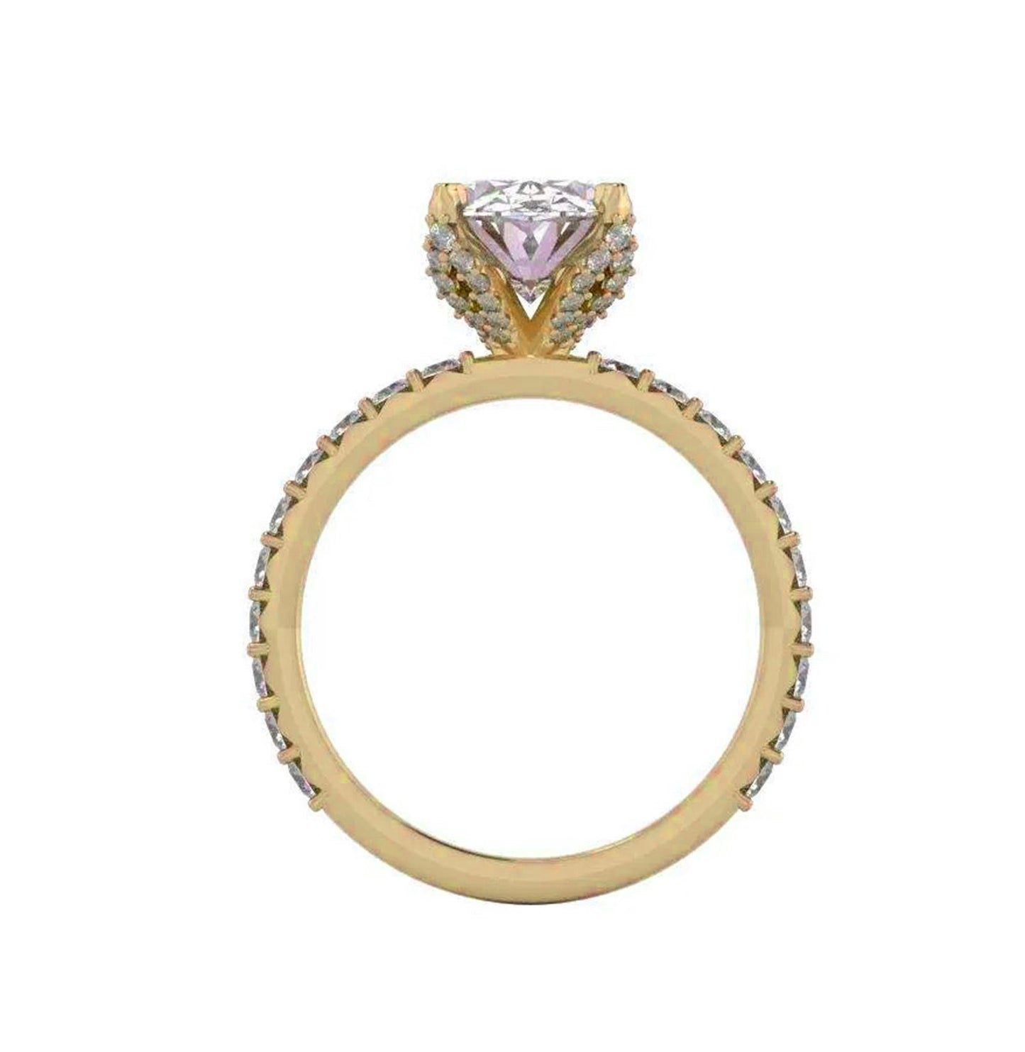 Tulip Lotus Prong Oval Moissanite Solitaire Engagement Ring with Pave basket and French set Pave band, petal prong ring, tulip prong ring.