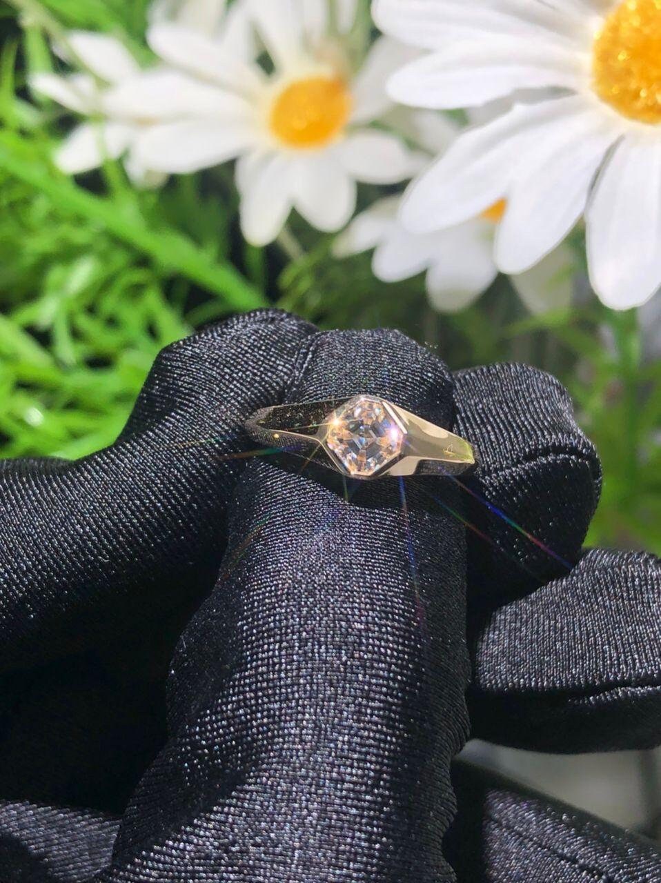 Kite set Asscher Cut Signet style ring Gypsy Set Moissanite Signet band, engagement ring , Men\Women\Unisex\Gender Neutral ring