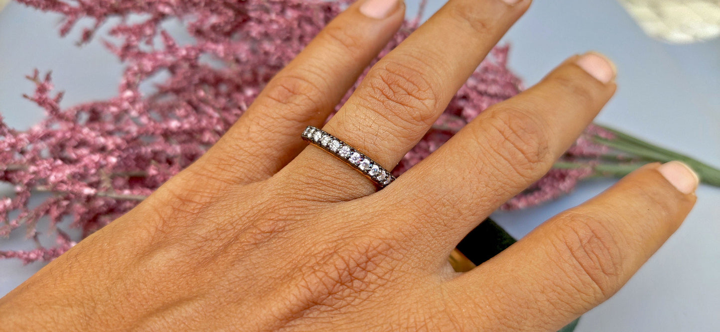 Moissanite Georgian Cut-Down Blackened Gold eternity band, also available in half eternity, blackened gold wedding band, band for women