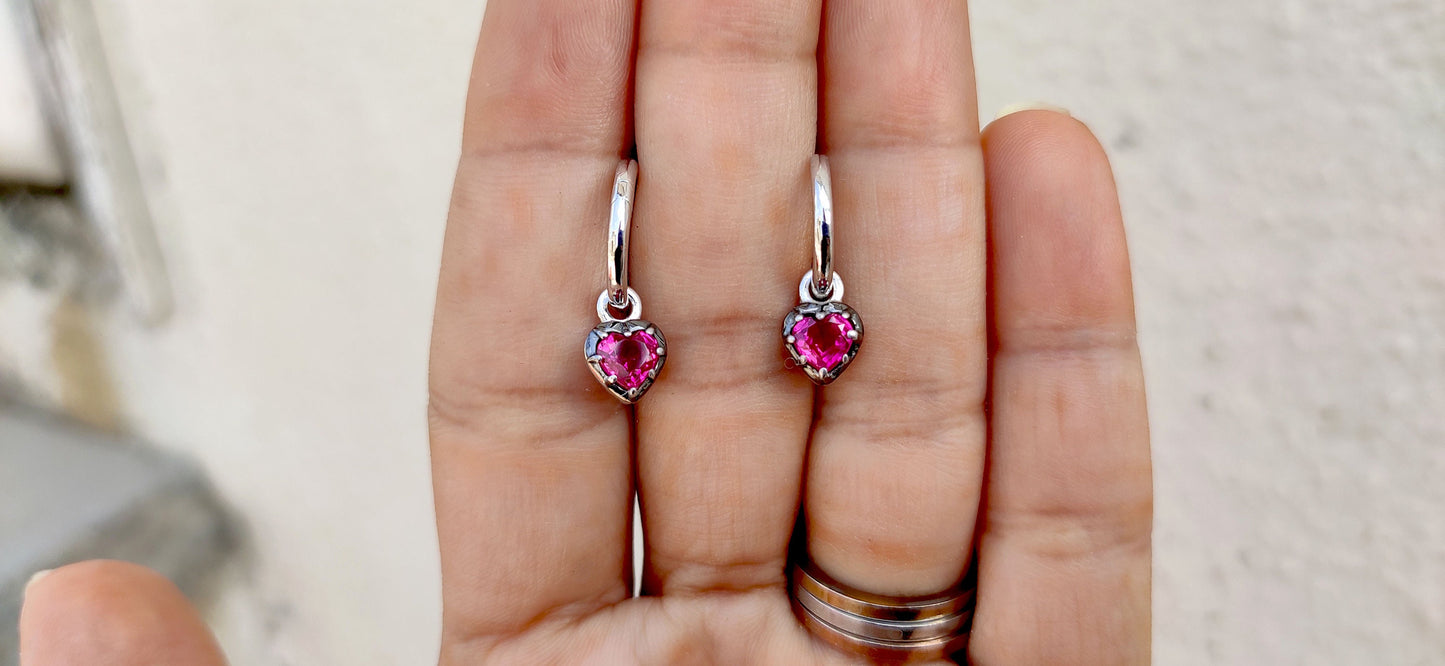 Heart Shaped Ruby button back Georgian cut down Gypset, Lab Ruby Hoops, statement earring, blackened gold earrings.