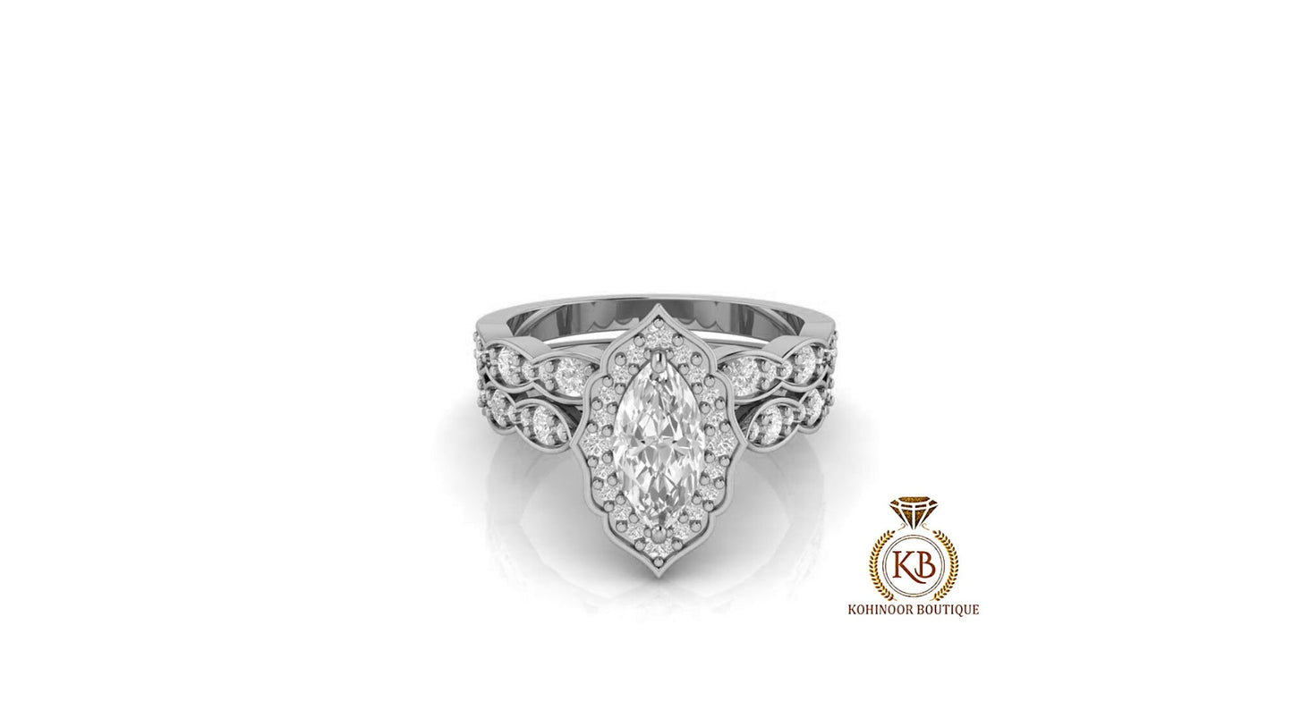 Marquise Cut Halo Vintage Moissanite Engagement Ring, Wedding Bridal Set, Anniversary gift for wife, Ring for women