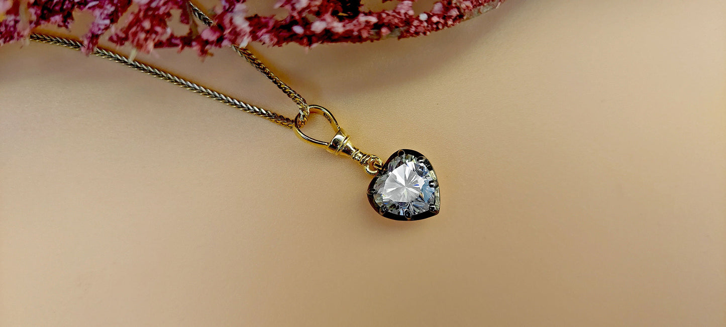 Heart Cut Moissanite Collet set Georgian cut down set Blackened gold Swivel Clasp Pendant,without chain,available in 5mm, 6mm, 7mm, 8mm, 9mm