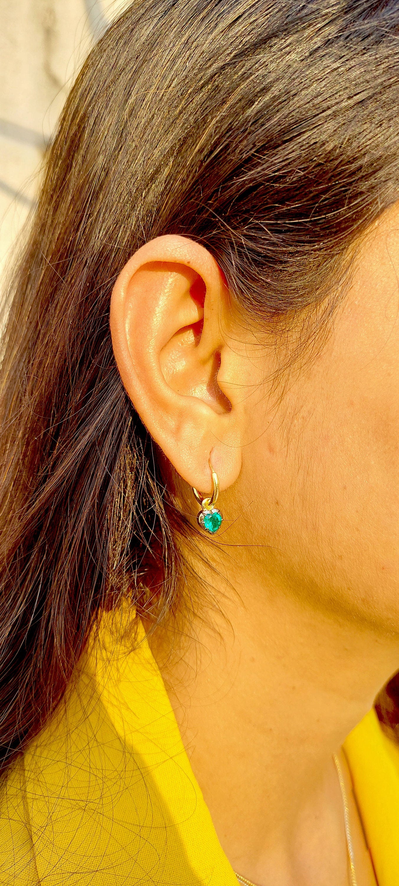 Heart Shaped Emerald button back Georgian cut down Gypset, Emerald Hoops, statement earring, blackened gold earrings.