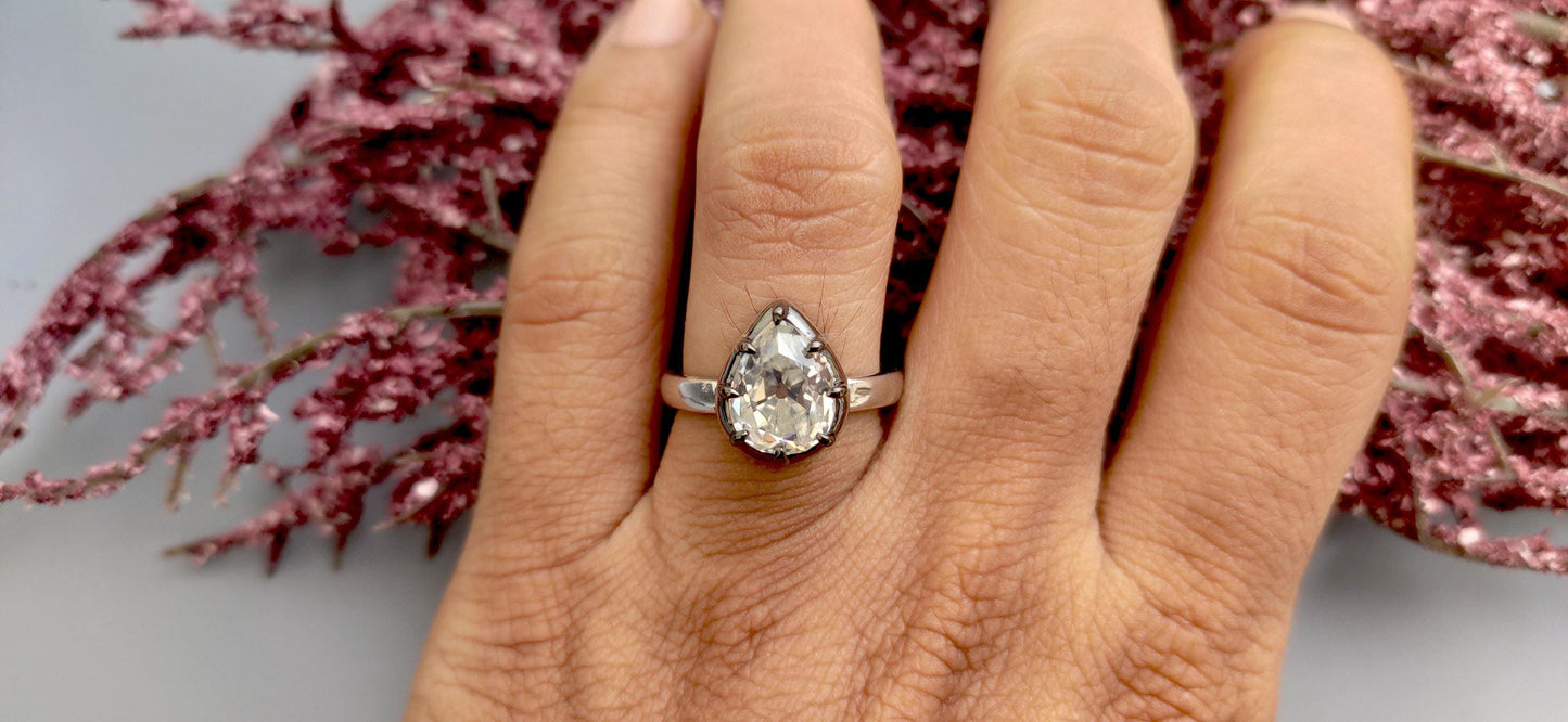 Antique Old Mine Cut Pear OMC Moissanite Collet set Ring, Georgian cut down set ring, Gift Ring for her, Edwardian ring, Blackened gold ring