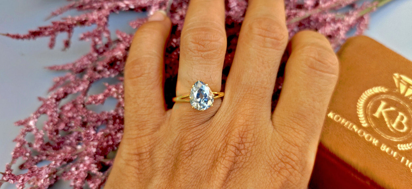 Old Mine Antique OMC Blue Pear Cut Moissanite Solitaire Engagement Ring, ring for her, gift for her Georgian era ring, Marie-Antoinette ring