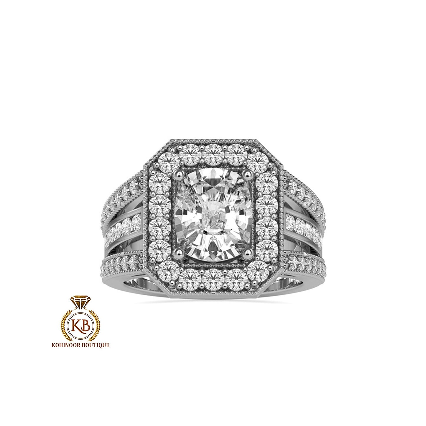 Cushion milgarin halo with Side 3 Pave Band, Cathedral milgrain setting Moissanite Engagement\ ring, ring for women, art deco ring.