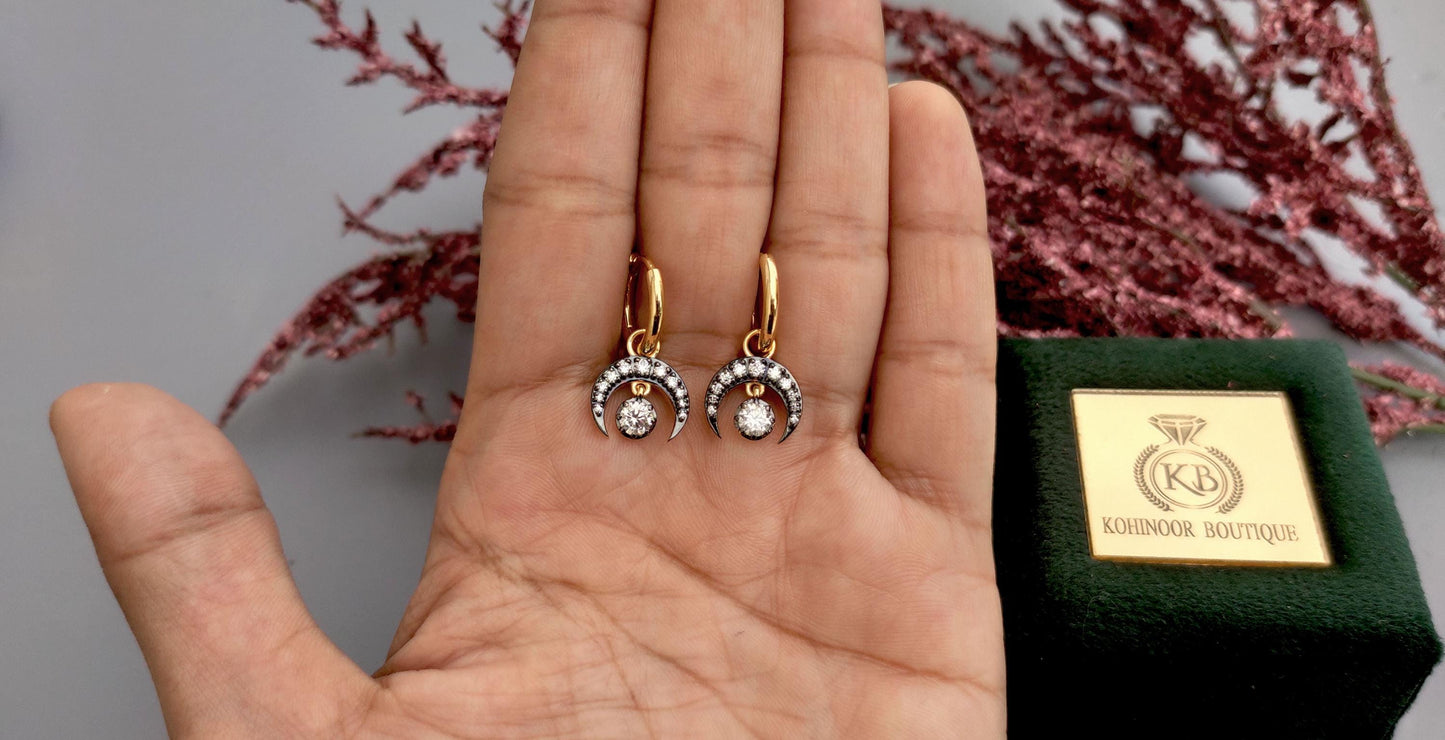 Half moon Moissanite button back Georgian cut down Huggie,2 in 1  statement earring, blackened gold earrings.