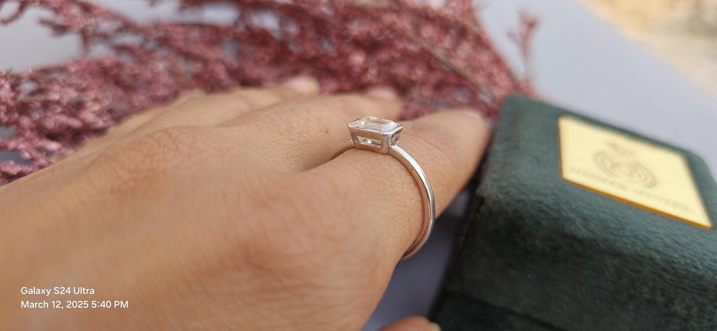East West Bezel Set Emerald Moissanite Solitaire Engagement Ring, Ring for her, Gift for her, Gift for wife, Promise proposal ring.