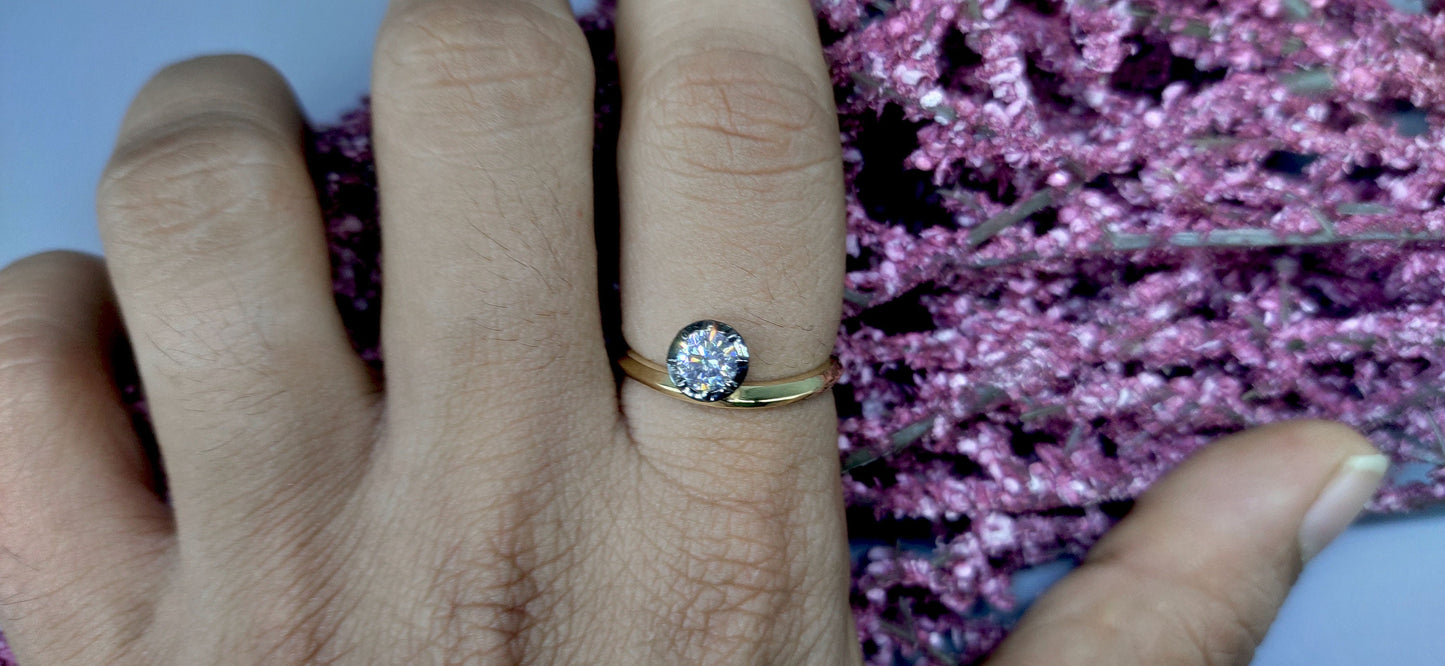 Round Cut Moissanite Georgian cut down button back solitaire Knife edge band engagement ring, ring for her\women, blackened gold ring.