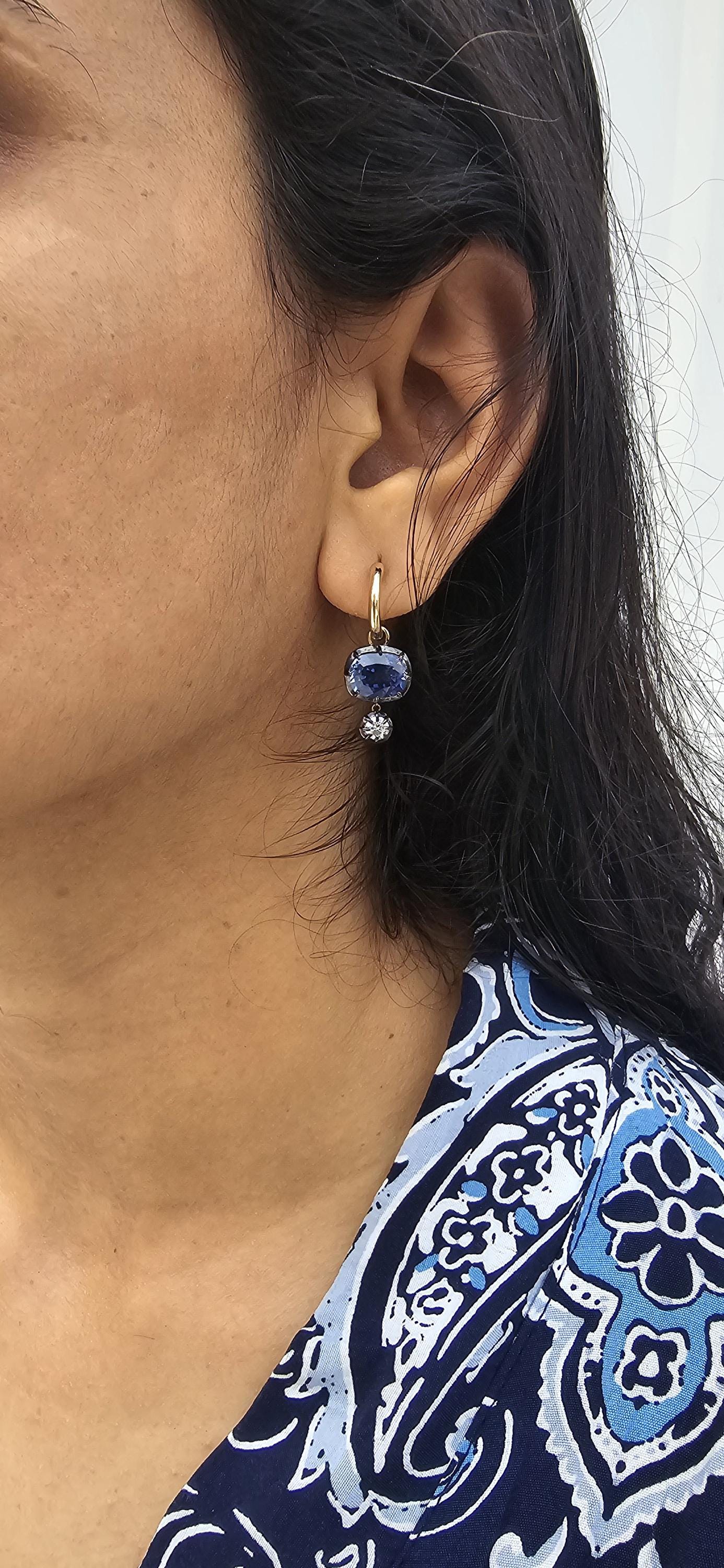 Women 4 stone asymmetric earrings, elongated cushion lab blue sapphire and cushion moissanite set in Georgian cut down button back setting.