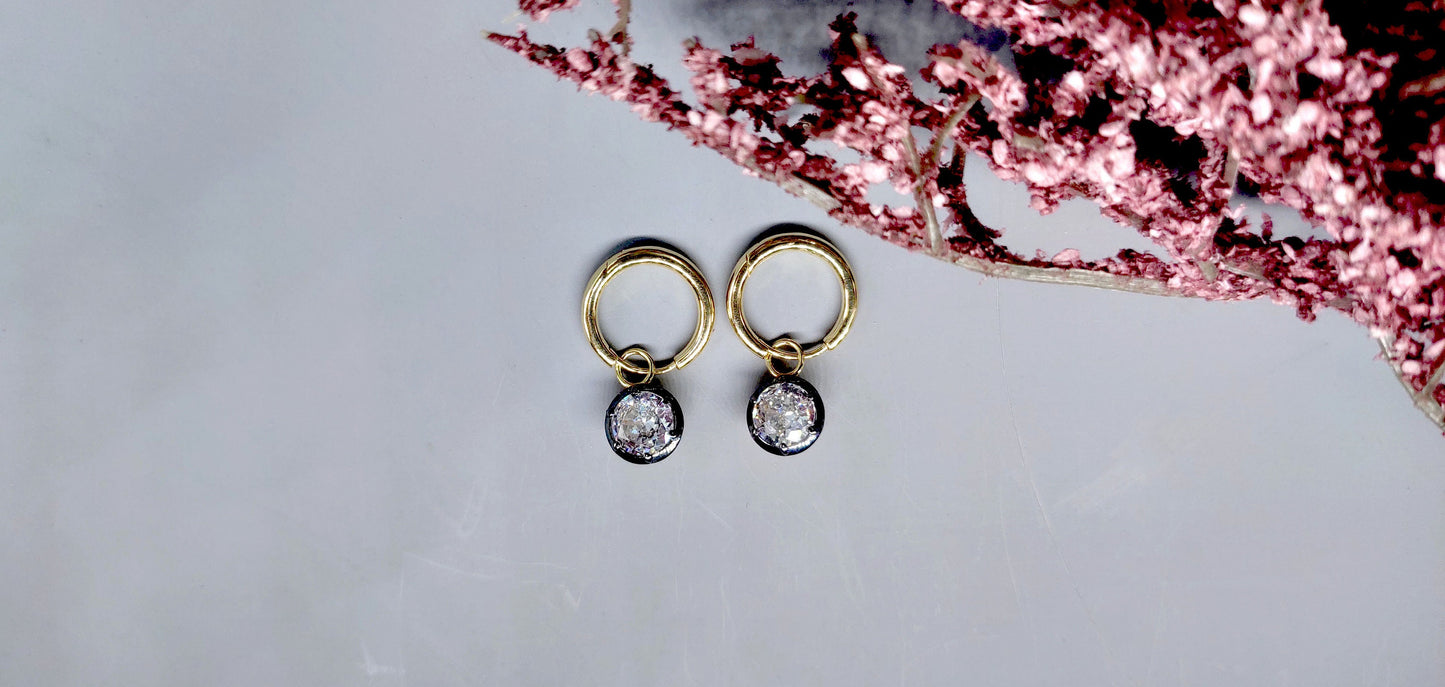 Round CZ Cubic Zirconia button back Georgian cut down Gypset huggie, removable hoops, statement earring, blackened gold earrings.