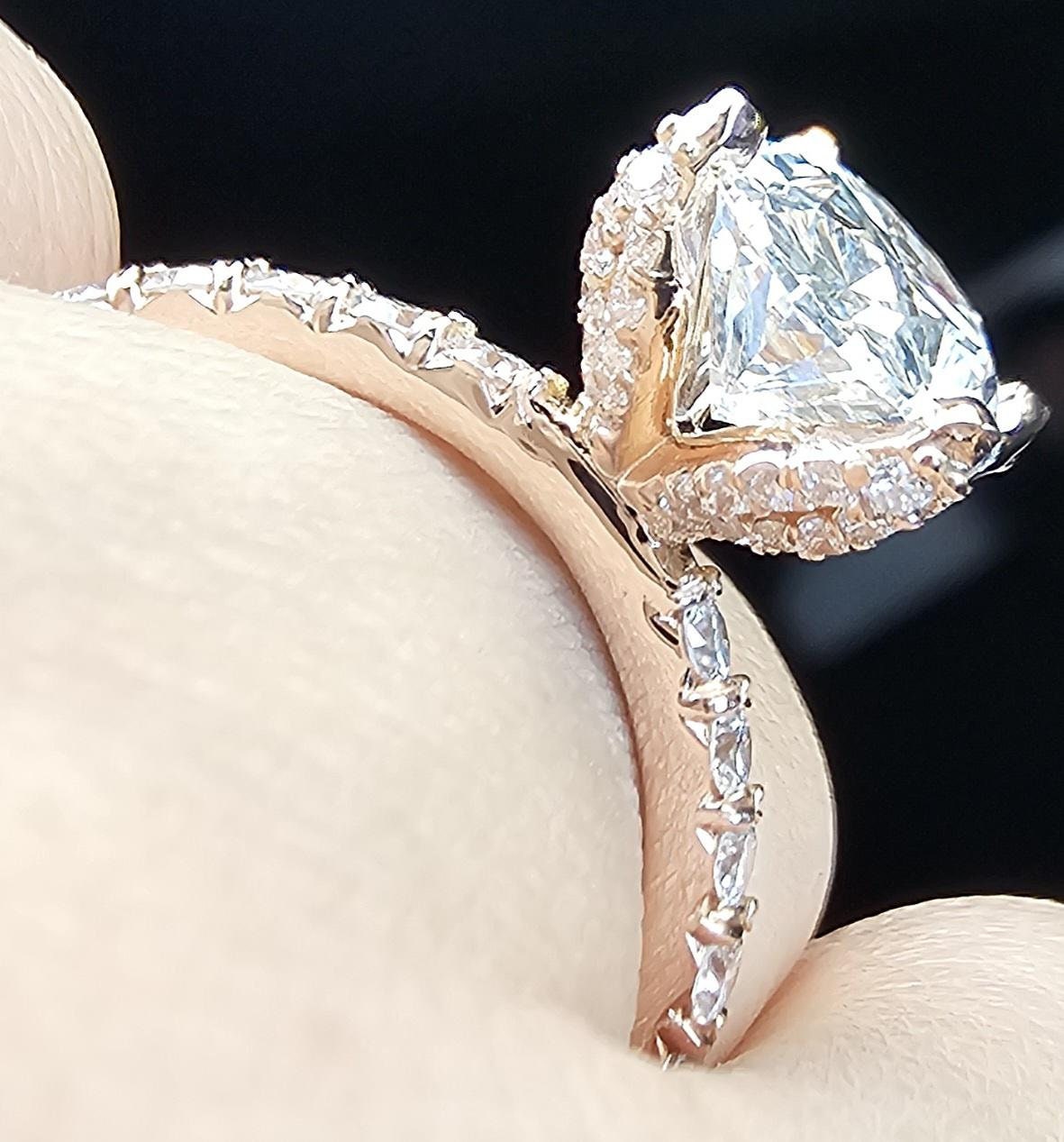 Tulip Lotus Prong Oval Moissanite Solitaire Engagement Ring with Pave basket and French set Pave band, petal prong ring, tulip prong ring.
