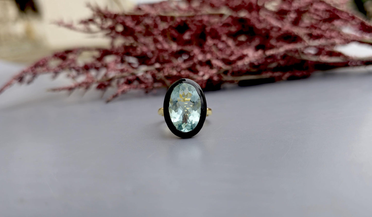 Natural Aquamarine ring with black enamel, Ring for her, party wear ring, statement ring, right hand ring, gift for mother, ring for her