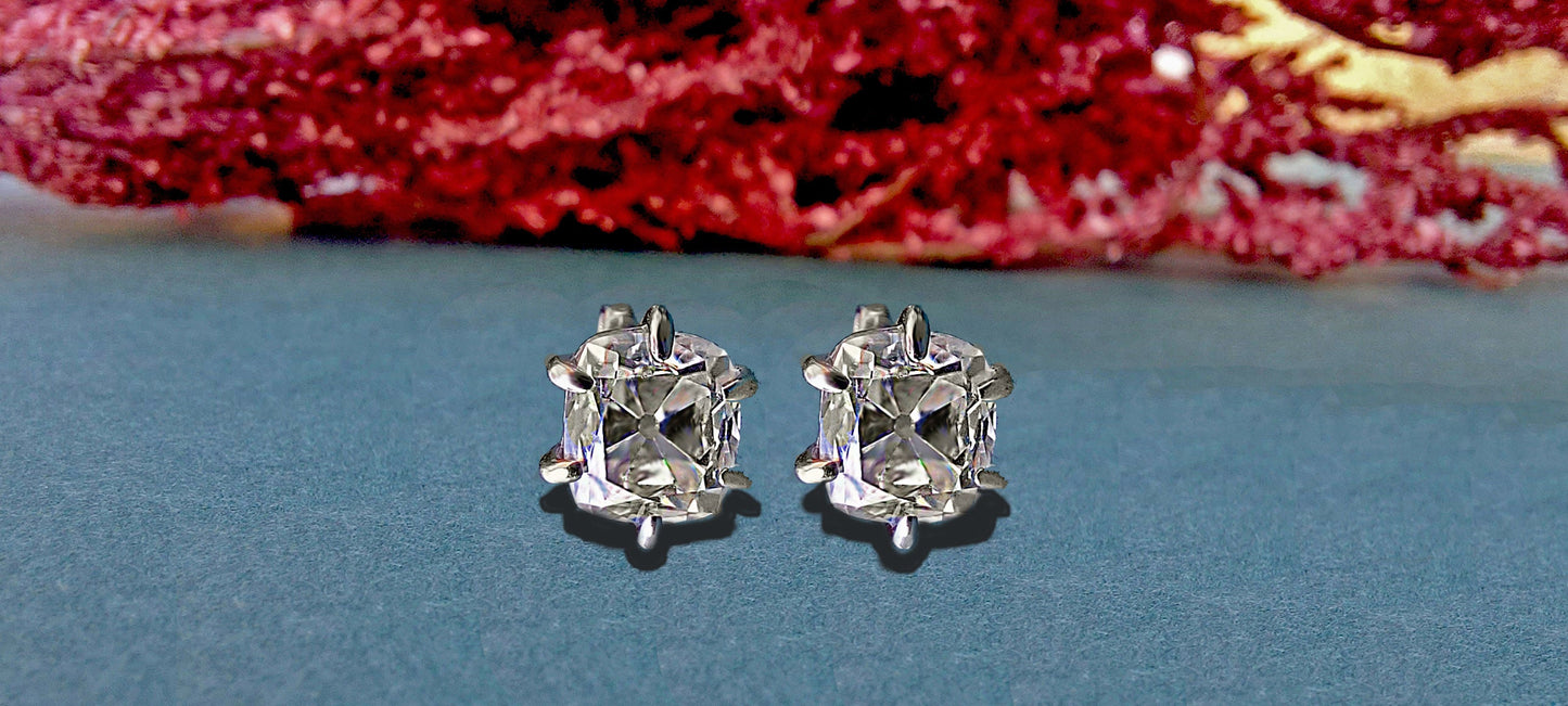 Vintage Cushion Old Mine Cut Moissanite Stud Earrings, Moissanite Wedding Earrings, Push Back Earrings, Anniversary Gift, Circa 1910