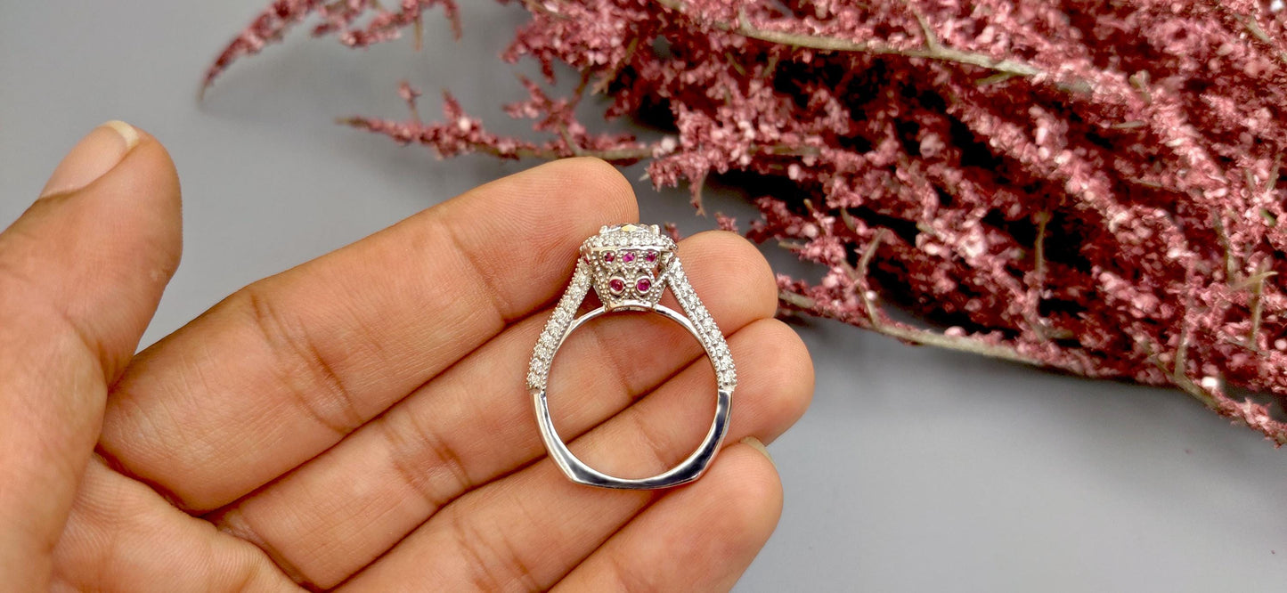 Vintage Cushion Cut Cathedral set Moissanite Double Halo double side pave milgrain pave basket with Lab rubies and and pave basket band.