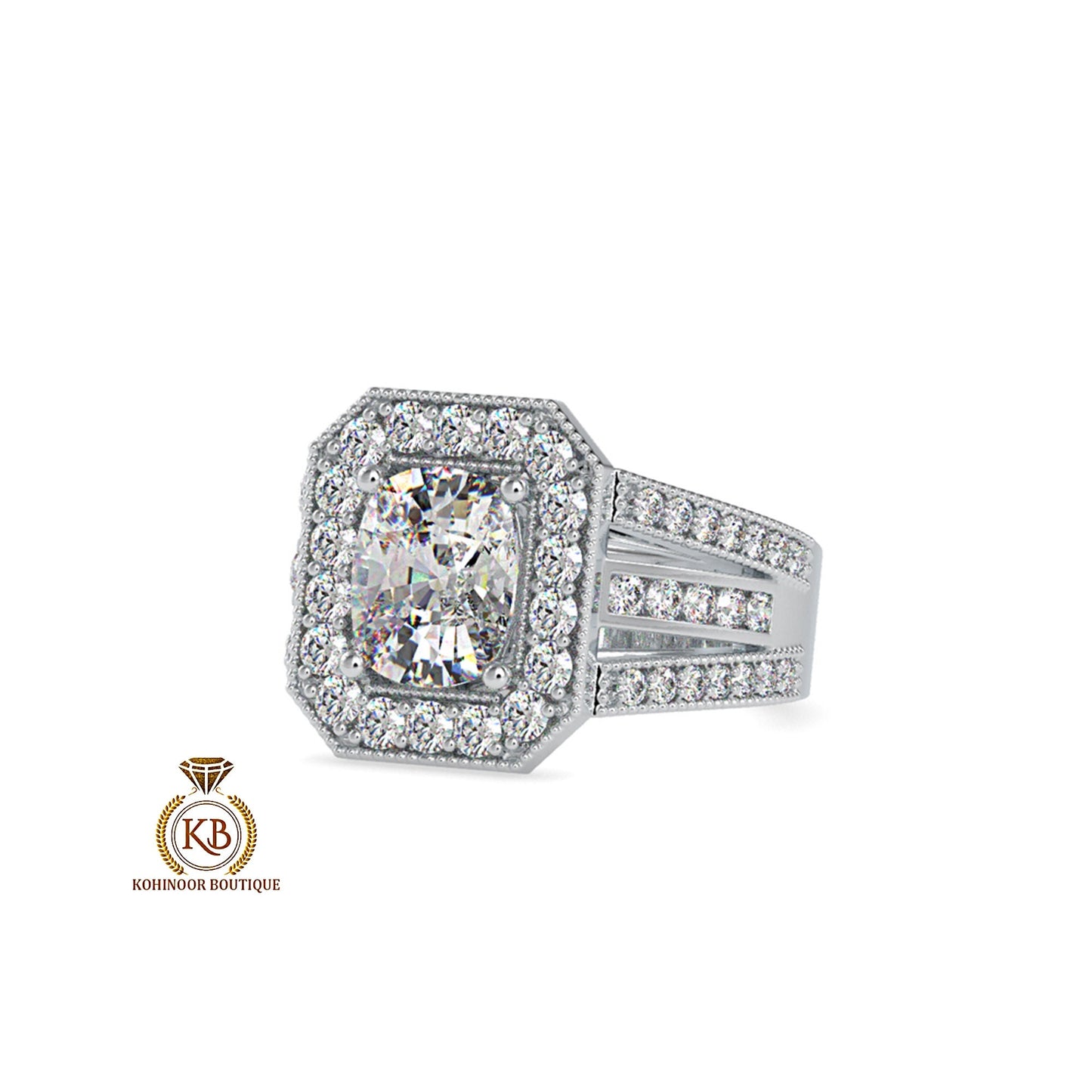 Cushion milgarin halo with Side 3 Pave Band, Cathedral milgrain setting Moissanite Engagement\ ring, ring for women, art deco ring.