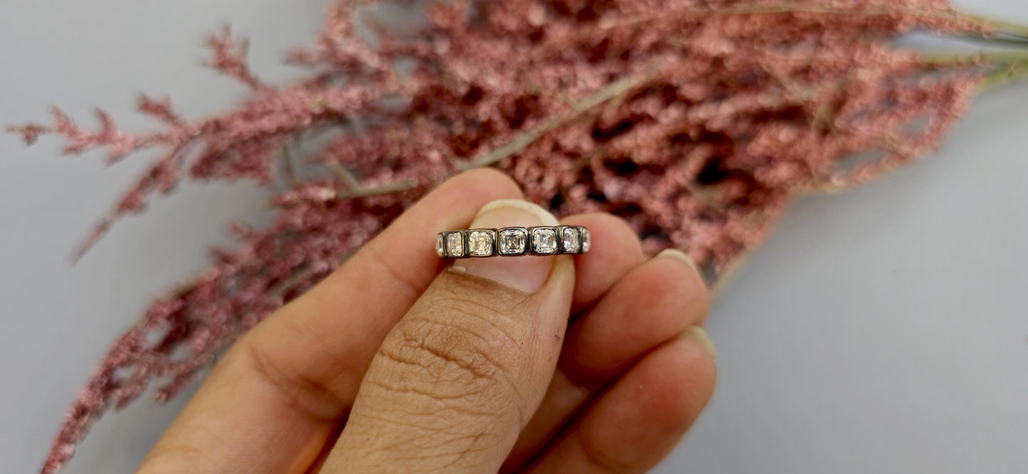 Asscher Cut Lab grown diamond Wedding band in blackened gold, Full\Half Eternity Ring, Stackable Ring, Georgian antique eternity ring