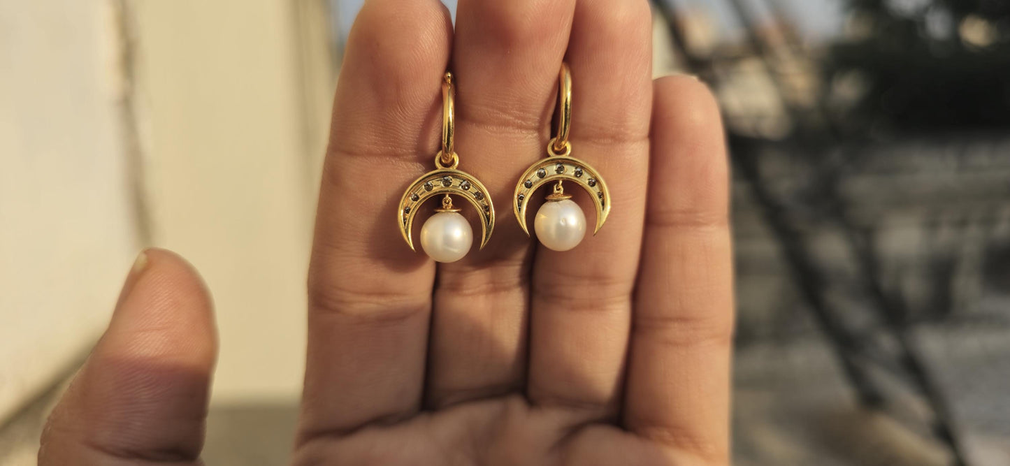 Half moon Moissanite button back Georgian cut down Huggie,2 in 1  statement earring, blackened gold earrings.
