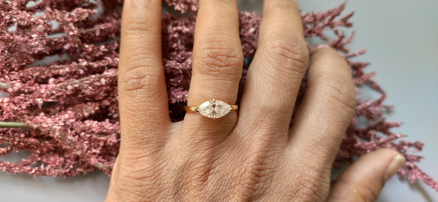 East-West Marquise Moissanite Compass set Solitaire Engagement Ring, Anniversary gift for wife in 10k,14k,18k Gold, Platinum and Silver