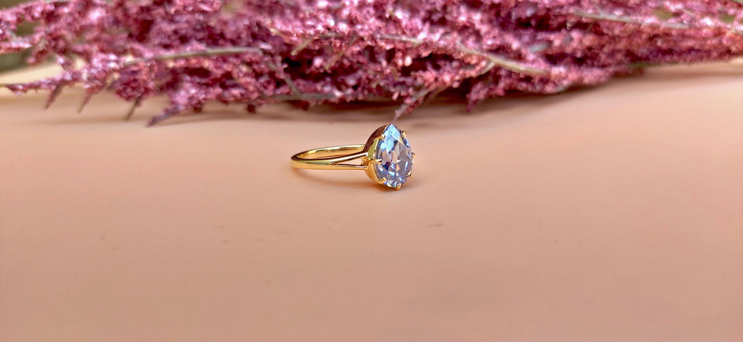 Old Mine Antique OMC Blue Pear Cut Moissanite Solitaire Engagement Ring, ring for her, gift for her Georgian era ring, Marie-Antoinette ring