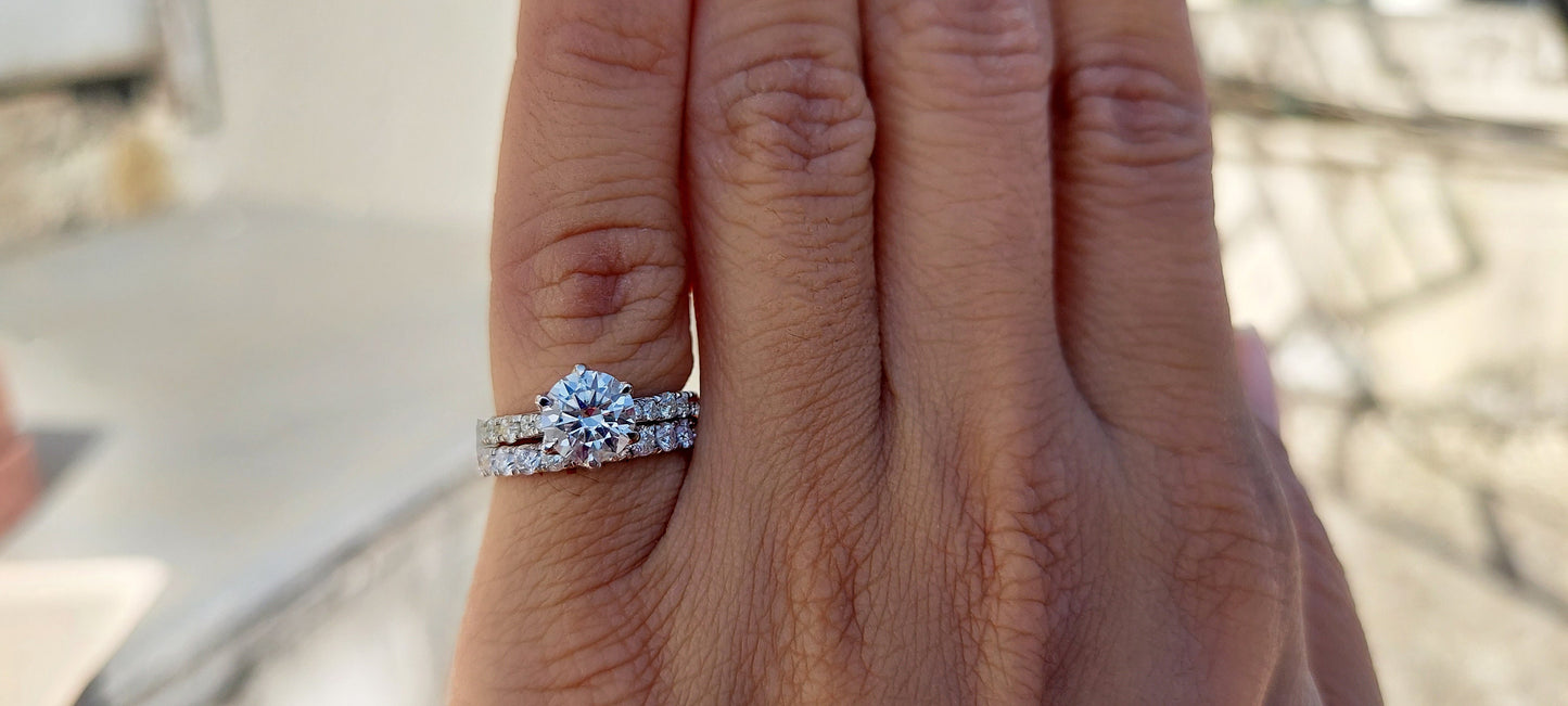 Tulip Lotus Prong French Pave Band Round Moissanite Bridal Set, flower basket , Petal Prongs, Promise\proposal Ring.