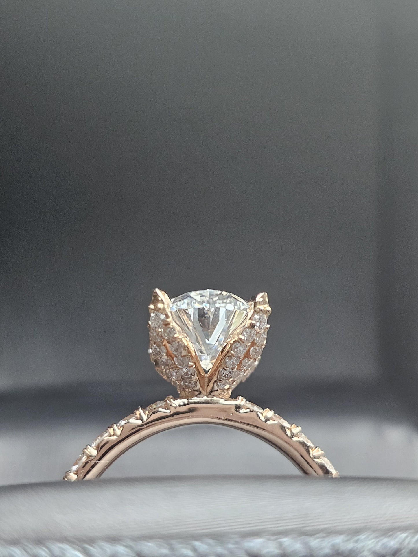 Tulip Lotus Prong Oval Moissanite Solitaire Engagement Ring with Pave basket and French set Pave band, petal prong ring, tulip prong ring.