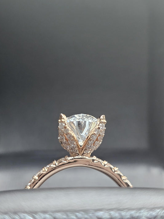 Tulip Lotus Prong Oval Moissanite Solitaire Engagement Ring with Pave basket and French set Pave band, petal prong ring, tulip prong ring.