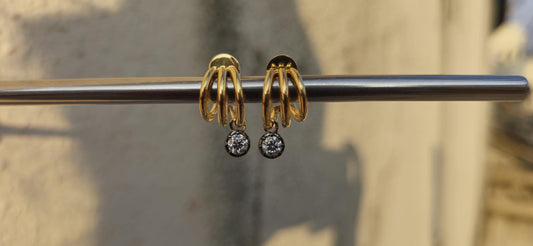 Round Moissanite button back Georgian cut down tripset hoops ,2 in 1  statement earring, blackened gold earrings.