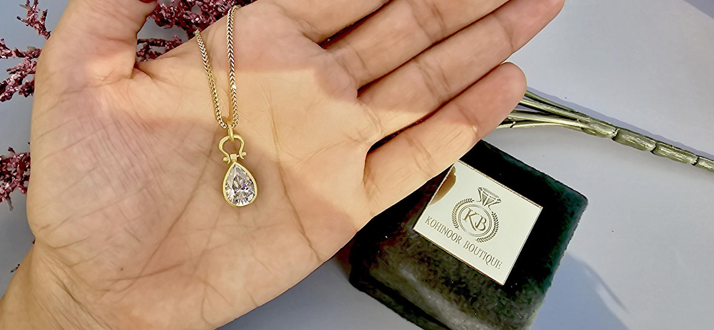 Bezel set moissanite Pear button back personalized pendant without chain in silver with matt gold polish, Pendant for women